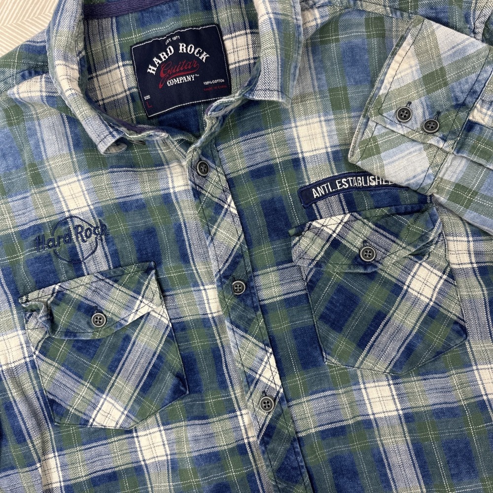Hard Rock Guitar Company Flannel Shirt Mens Large Plaid Long Sleeve
